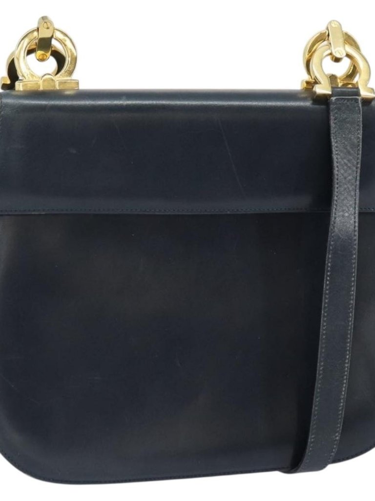 Salvatore Ferragamo Shoulder Bag Leather Navy Gold Auth Ka1235